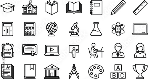 Set of education and school supplies thin line vector icons