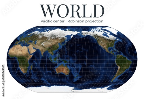 World map in Robinson projection, Pacific-centered, high-detail physical map. April View. Elements of this image furnished by NASA.