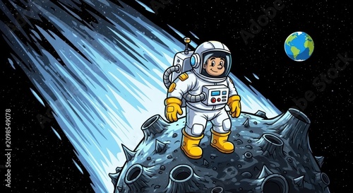 Cartoon astronaut exploring space on asteroid surface.
