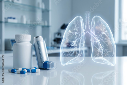 White medicine bottle with scattered capsules and a metallic inhaler beside transparent glass lungs and respiratory system visualization. Respiratory healthcare concept