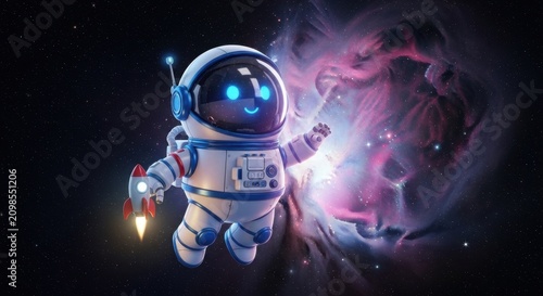 Astronaut floating in colorful cosmic space scene.