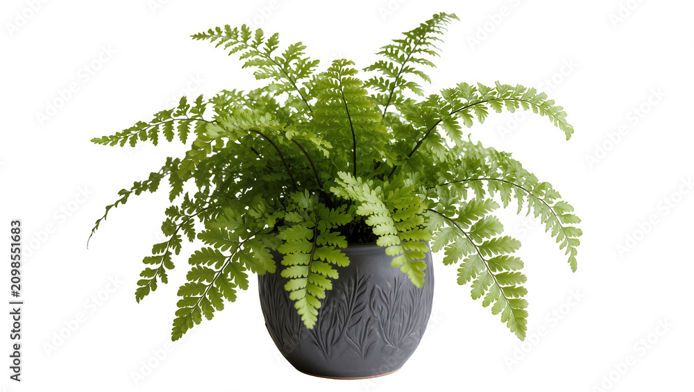 Fototapeta premium Lush green fern plant in a decorative dark grey pot, isolated on transparent background