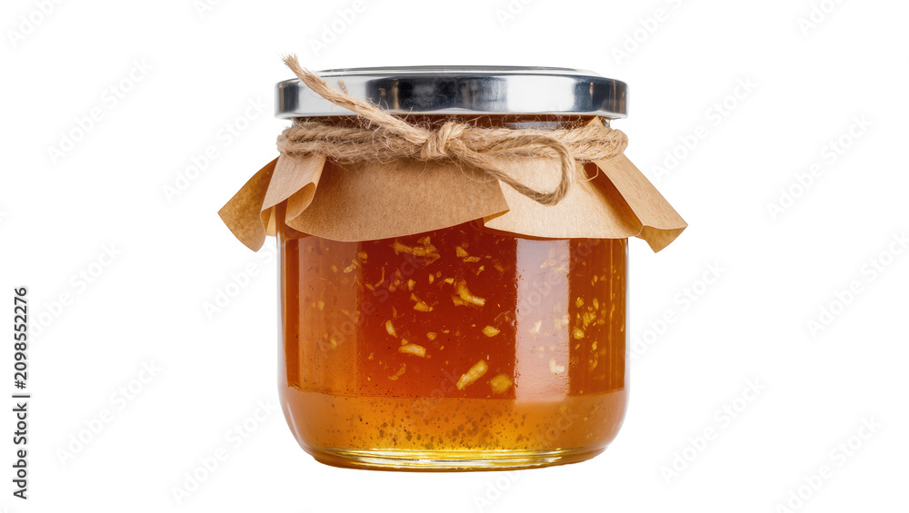Fototapeta premium Glass jar of orange marmalade with twine and paper lid, isolated on transparent background