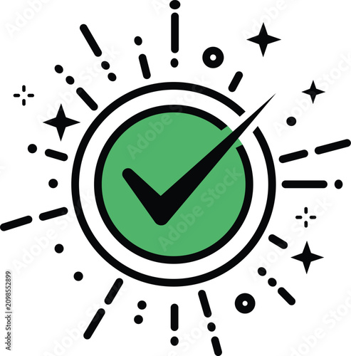 Green check mark inside a circular border with radiating lines, stars, and dots tick circle