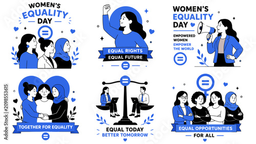 Women empowerment vector illustration bundle equality day lettering diverse women scale and megaphone flat design ideal for poster banner social media