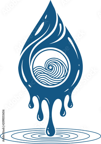 Water drop logo with ocean waves symbolizing purity renewal and environmental sustainability concepts