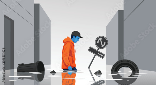 Canvastavla Loneliness in a Flooded City Street Vector Illustration Design Depicting a Melan