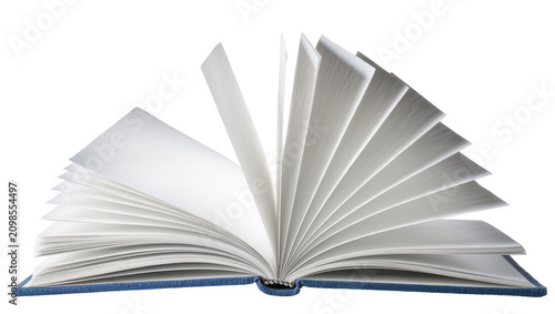 Schilderij op canvas Open blue hardcover book with fanned blank white pages, isolated on transparent