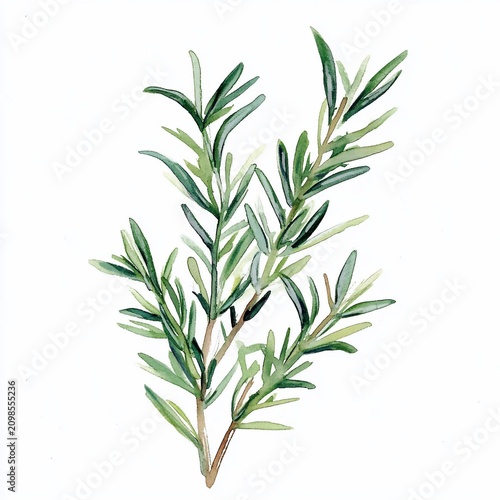 Watercolor Rosemary Sprig, White Background, Herb, Cooking