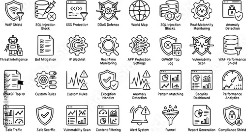 Tableau sur toile Cybersecurity Line Art Icons Set: Web Application Firewall, SQL Injection, DDoS,