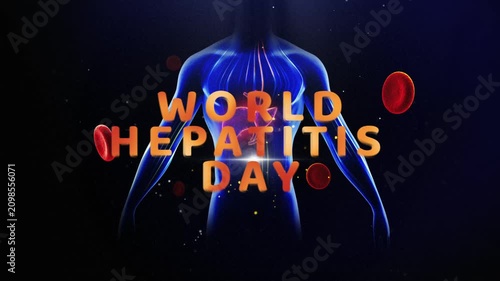 3D medical animation of human body showing hepatitis virus infection. Digital illustration of liver disease and internal organ damage with glowing...