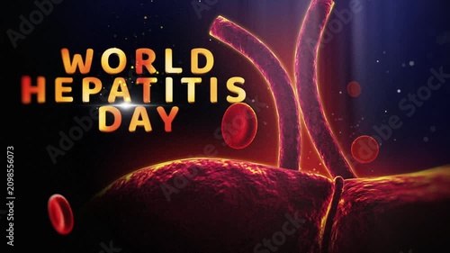 World Hepatitis Day awareness campaign with glowing red ribbon animation. 3D medical health symbol rising for viral disease prevention and public 