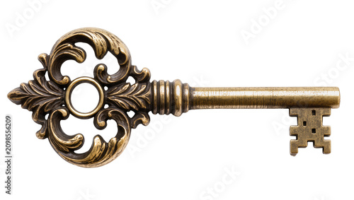 Obraz na płótnie Antique ornate brass skeleton key with decorative scrollwork, isolated on transp