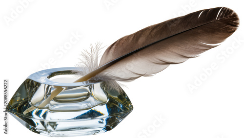 Quadro su tela Brown feather quill resting in a faceted glass inkwell, isolated on transparent