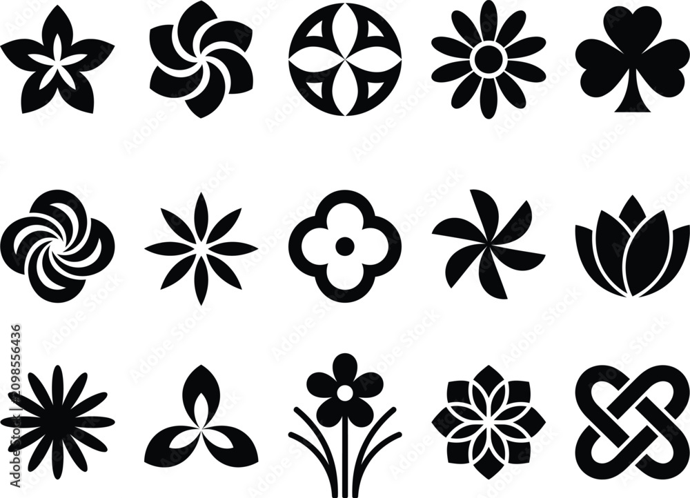 Obraz premium Flower and floral ornament set with black silhouette nature symbols for decorative design and organic branding concepts.