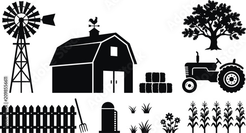 Foto Countryside Agriculture Farm Silhouette Vector Set Featuring American Barn, Wind