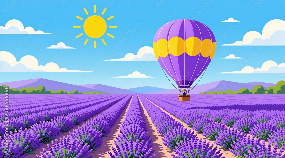 Fototapeta premium Hot air balloon flies over blooming purple lavender field under bright yellow sun. Colorful aircraft floats above summer landscape with blue sky. Scenic nature view features violet flowers in rows.
