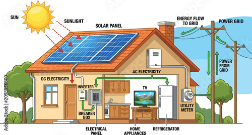 Residential Solar Power System Diagram Vector Illustration Showing Rooftop Solar Panels, Inverter, Home Appliances, and Grid Connection for Renewable Energy Education