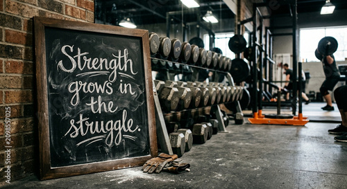 Inspirational Handwritten Motivational Message on Chalkboard Displayed Inside a Hardcore Fitness Gym Facility