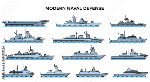 Cuadro en lienzo An array of twelve stylized flatdesign illustrations of modern naval warships sa