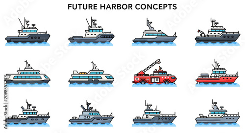 Tableau sur toile Grid of twelve flatstyle vector illustrations of various ships floating on styli