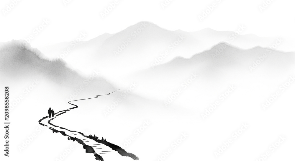 Fototapeta premium Traditional Chinese ink wash landscape painting with two figures walking on a winding path through misty mountains