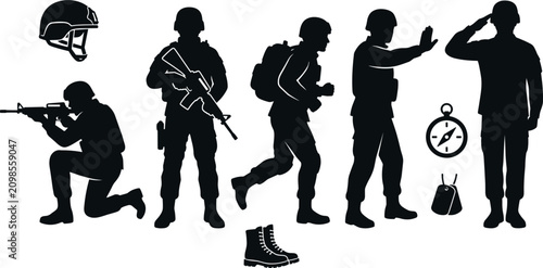 Slika na platnu Military Soldier Silhouette Vector Set Featuring Combat Infantry Positions, Aimi