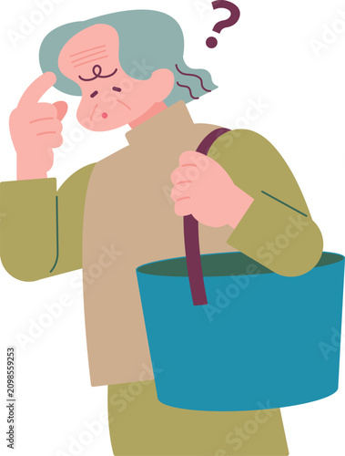 Foto 疑問に思う高齢者 お婆さんの物忘れ 認知症 An elderly woman unable to recall something while out and about