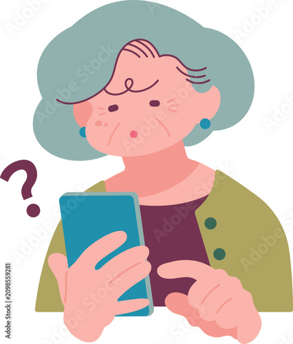 Bild auf Leinwand スマホを持って困っている高齢女性 An elderly woman struggling to use her smartphone