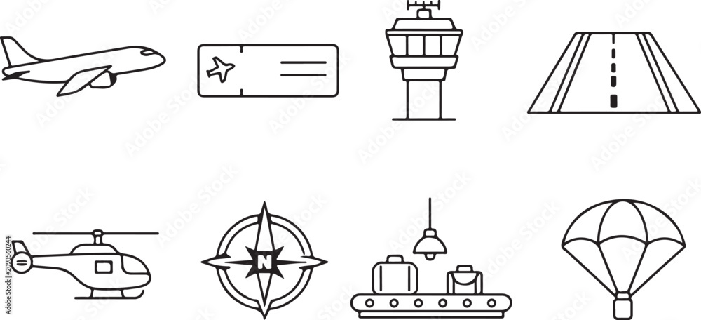 Fototapeta premium Minimalist aviation icon set, 8 thin line airport symbols, black and white flight and travel vector elements for mobile apps and web design