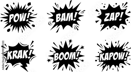 Fotografie Comic burst icon set, pop art explosion vector with pow bam zap boom text, retro