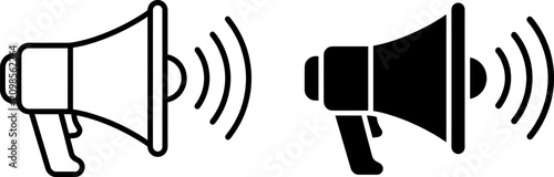 Megaphone icon set, announcement and marketing vector symbol with sound waves, promotion and alert icon in outline and solid style