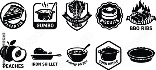 Fotografie Traditional southern food menu icon set featuring pecan pie gumbo collard greens biscuits bbq ribs peaches and iron skillet