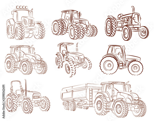 Sketches of different models of farmer tractors.
