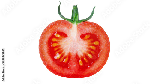 Fotografie Juicy red tomato half with visible seeds and green stem, isolated on transparent