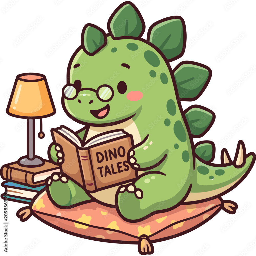Fototapeta premium A cute cartoon dinosaur reads a book on a rug next to a lamp.