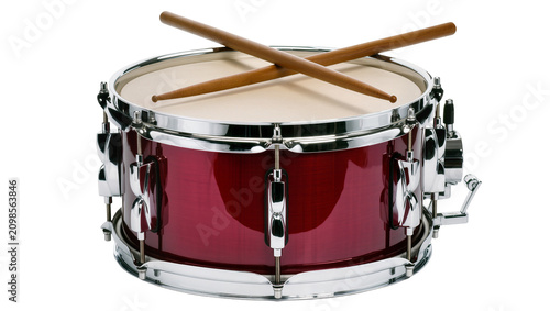Fotografie Red snare drum with crossed wooden drumsticks, isolated on transparent backgroun