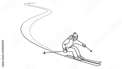 Bild auf Leinwand Minimalist continuous line art illustration of skier descending snowy slope with