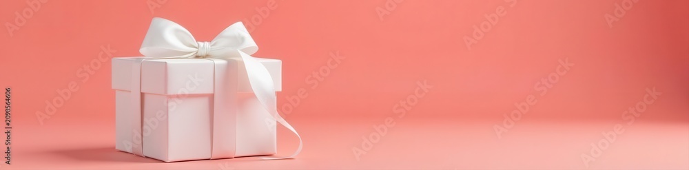 Fototapeta premium Elegant white gift box with white satin ribbon, coral background , vivid, simple, packaging
