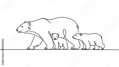 Tableau sur toile Minimalist continuous line art illustration of three polar bears walking in a r