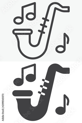 Photography Saxophone with music notes icon in line and solid different style