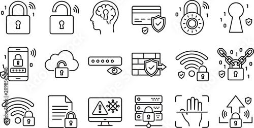 Cybersecurity data protection network privacy cloud access firewall biometric linear black vector outline icons set collection concept