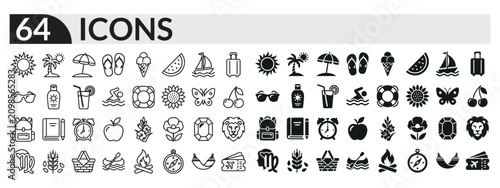 64 Summer Vacation and Travel Icons Set in Outline and Solid Styles