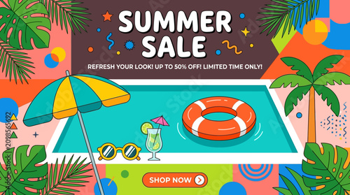 Vibrant illustrated summer sale banner featuring a refreshing swimming pool, tropical palm trees, and leisurely beach accessories, for seasonal promotions
