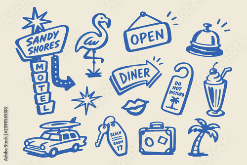 Bild auf Leinwand Beach Motel Doodle Set Hand Drawn Vector Illustration