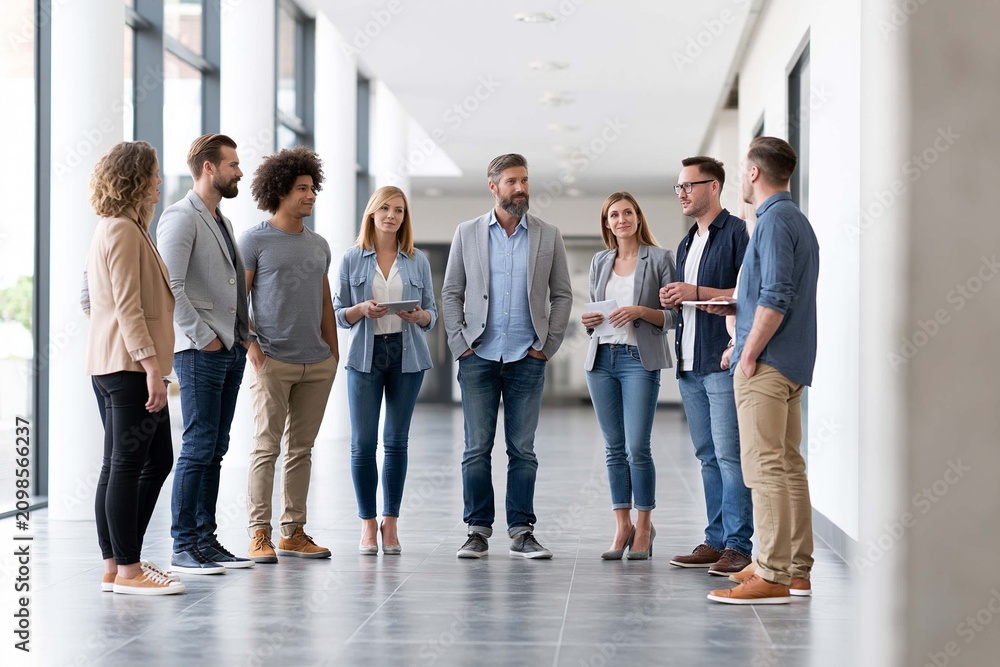 Fototapeta premium young professionals discussing workforce analytics and employee engagement strategy in bright collaborative workspace, minimalist interior, natural sunlight, wide copy space, premium commercial
