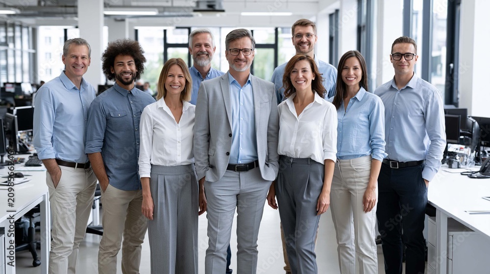 Fototapeta premium confident corporate team celebrating improved workplace performance after reviewing analytics dashboard, bright office with panoramic windows, clean modern design, ultra realistic photography