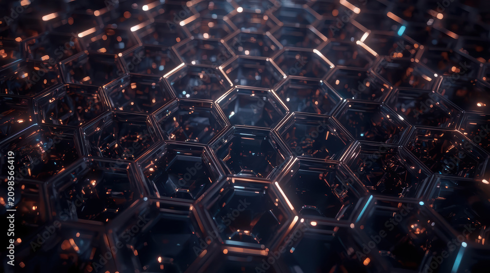 Fototapeta premium Futuristic hexagonal grid with reflective glass cells and warm glowing particles