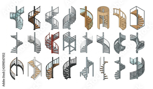 Spiral Staircase Vector Collection with Circular Helical Stair Designs Isolated Flat Illustration