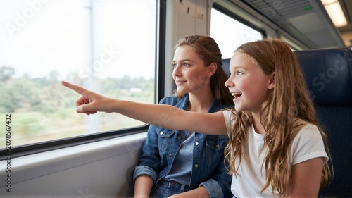 Two young women smiling and pointing through train window during countryside journey, seated together in bright carriage with passing green landscape